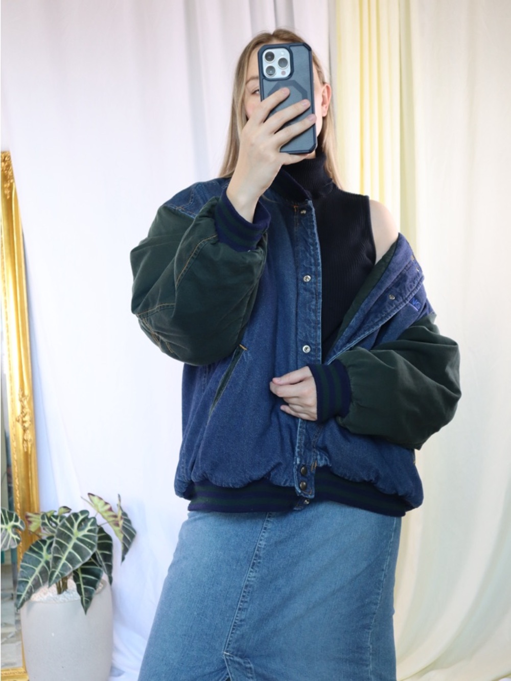 Vintage Denim & Green Bomber Jacket - Unisex, Rare Find